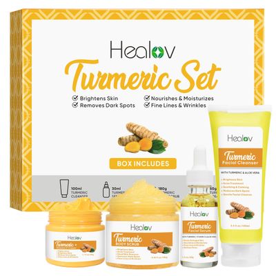 Turmeric Skincare Set - Turmeric Skin Care Products Brightening &amp; Acne - Turmeric Skin Care Kit, Turmeric Skin Care Set - Turmeric Cleanser, Body Scrub, Face Cream &amp; Facial Serum