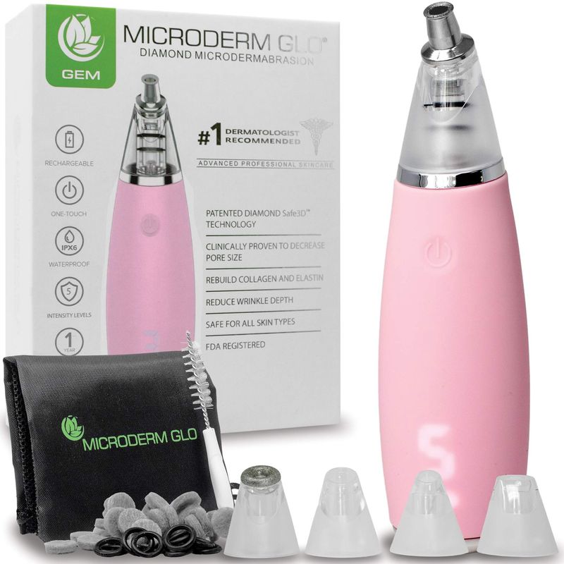 Microderm GLO GEM Diamond Microdermabrasion and Suction Tool - Blackhead Remover Pore Vacuum Advanced Facial Treatment Machine - Anti Aging Wrinkle Care for Collagen Production &amp; Acne Scars (Pink)