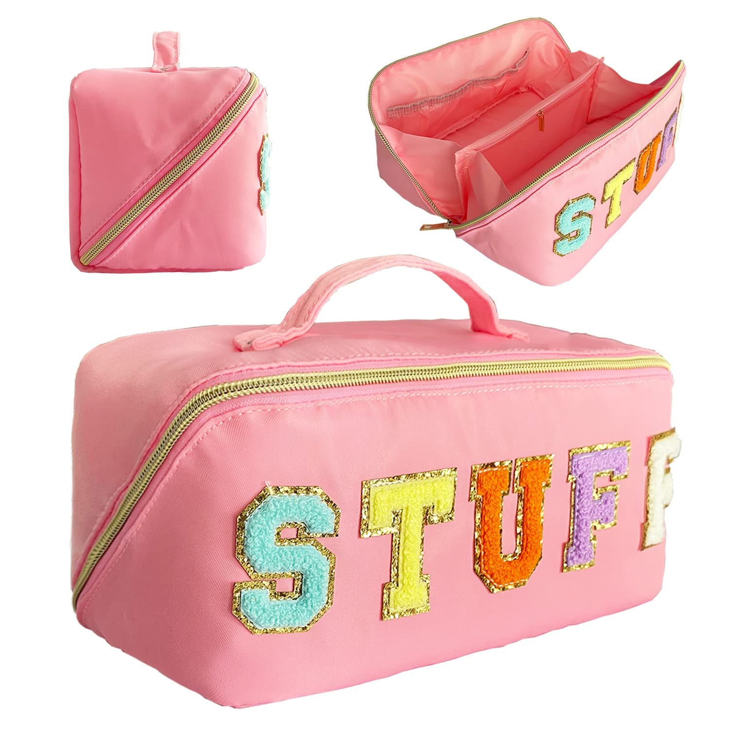 Nylon Makeup Bag Pink Chenille Letter Makeup Bag Preppy Cosmetic Bag Stoney Clover Pouch Chenille Patch Bag Better Belt Bag Cosmetic Bag Varsity Letter Pouch Flat Lay Makeup Bag Stuff Toiletry Bag