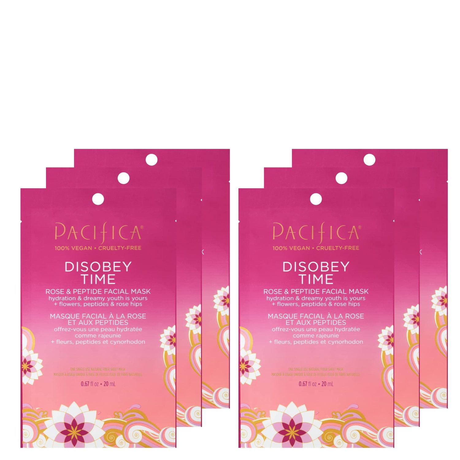 Pacifica Beauty Disobey Time Facial Mask, Skincare, Rose, Peptide, Hyaluronic Acid, Green Tea, Hydrating, Dreamy Youth, Face Mask, Sheet Mask, Face Care, Dry Skin, All Skin Types, Vegan (6 Sheets)