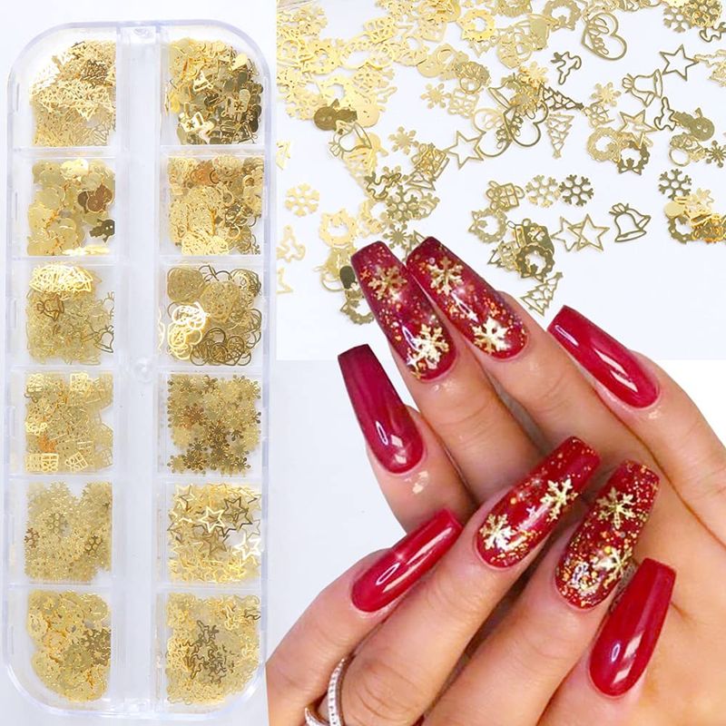 XIELIME Christmas Nail Art Sequins Snowflakes Nail Decals 3D Gold Glitter Flakes Nail Decor DIY Manicure Tips Accessories Decoration Christmas Glitter Xmas Nail Art Supplies
