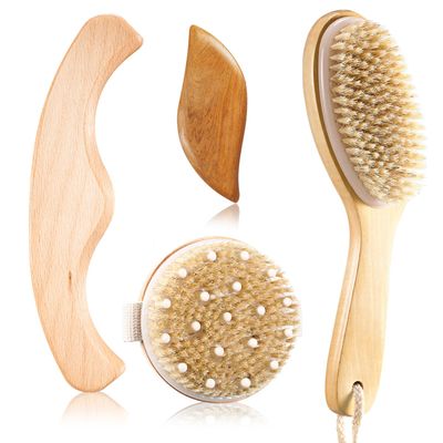 Lineshading 4 Pcs Dry Brushing Body Brush for Lymphatic Drainage Vegan Dry Brush with Wood Therapy Massage Lymphatic Drainage Tool Gua Sha Anti Cellulite Body Sculpting Sensitive Skin Exfoliation