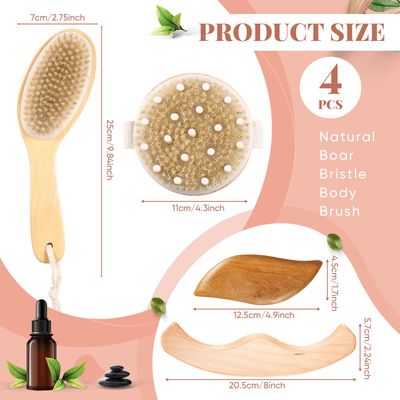 Lineshading 4 Pcs Dry Brushing Body Brush for Lymphatic Drainage Vegan Dry Brush with Wood Therapy Massage Lymphatic Drainage Tool Gua Sha Anti Cellulite Body Sculpting Sensitive Skin Exfoliation