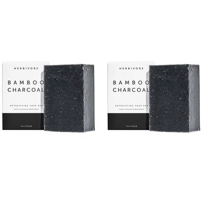 HERBIVORE Bamboo Charcoal Gentle Cleansing Bar Soap - For Face &amp; Body, Deeply Cleanses &amp; Exfoliates, Suitable for All Skin Types, Vegan, 4 oz (2 Pack)