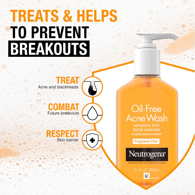 Neutrogena Oil-Free Acne Fighting Fragrance-Free Facial Cleanser, 2% Salicylic Acid Acne Treatment, Daily Oil-Free Acne Face Wash for Acne-Prone Skin with Salicylic Acid, 9.1 fl. oz