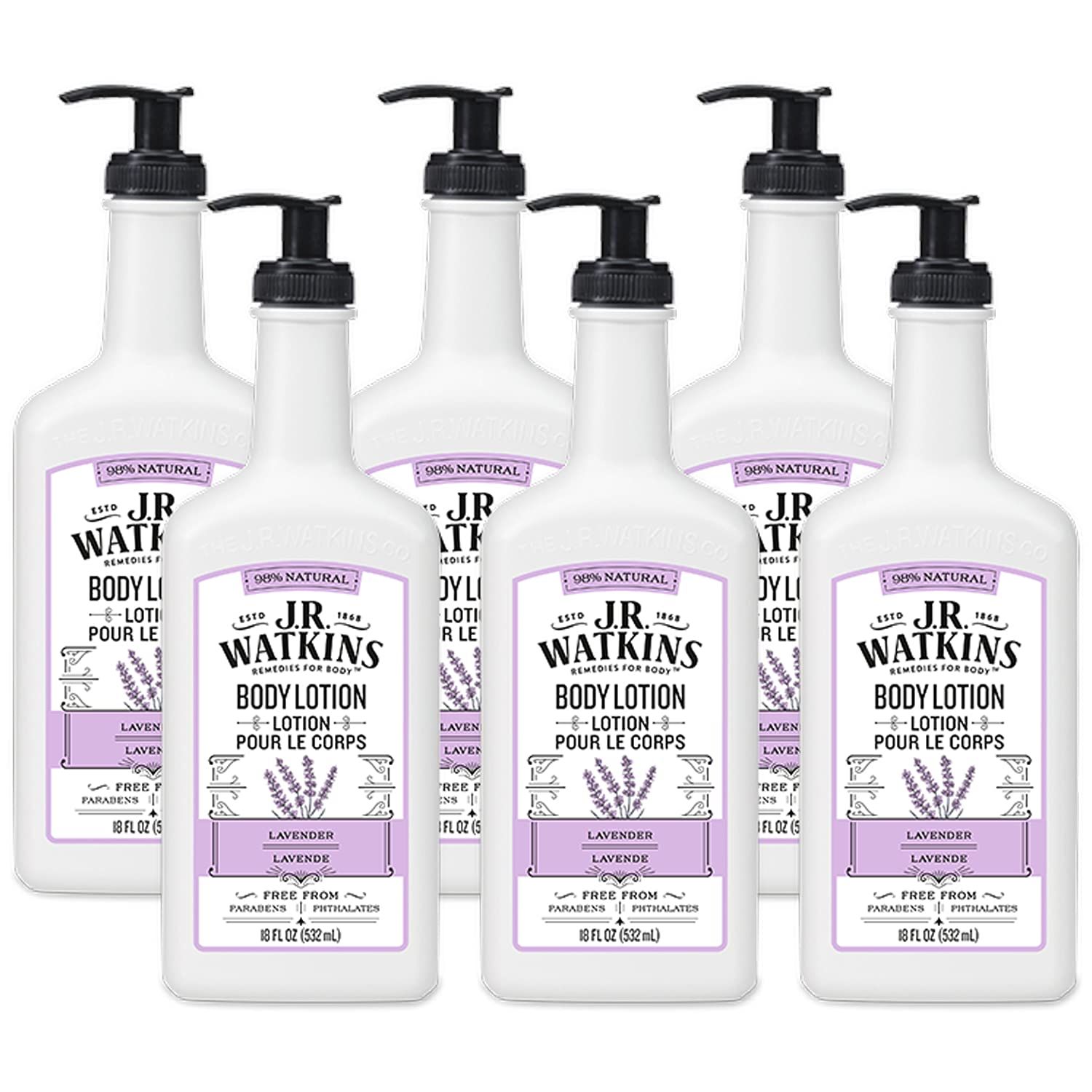 J.R. Watkins Daily Moisturizing Lotion  Body Cream in Pump Dispenser  Hydrating Skin Cream Made with Shea Butter, Cocoa Butter, Coconut Oil &amp; Vitamin E, Lavender, 18 fl oz, 6 Pack