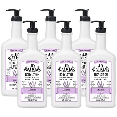 J.R. Watkins Daily Moisturizing Lotion  Body Cream in Pump Dispenser  Hydrating Skin Cream Made with Shea Butter, Cocoa Butter, Coconut Oil &amp; Vitamin E, Lavender, 18 fl oz, 6 Pack