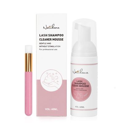 NATUHANA Lash Shampoo Kit + Brush for Eyelash Extension, 2.04 fl.oz/60ml Gentle Cleaning Foam Eyelid Cleanser, Natural Lashes and Safe Makeup Remover for Salon Use and Home Care