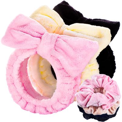 LEOBRO Spa Headband for Washing Face, Makeup Headband, Skincare Headband, Face Wash Headband, Pink White Black Headbands for Women Girls Gift, Hair Band for Washing Face, with 3pcs Hair Scrunchies