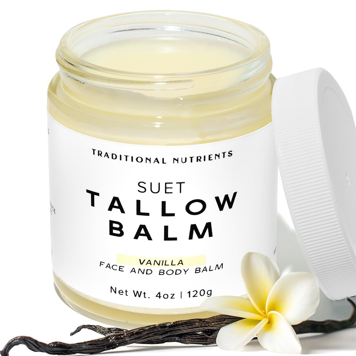 TRADITIONAL NUTRIENTS Suet Beef Tallow + Raw Honey Balm for Skin with Vanilla Essential Oil, Natural Grass Fed Tallow Moisturizer for Face and Body (4 Ounce)