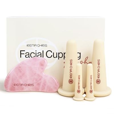 Rena Chris Facial Cupping Set &amp; Gua Sha Facial Tool - Silicone Cupping Set &amp; Rose Quartz Gua Sha Stone - Face Cupping Therapy Set for Natural Skin Care, Puffiness, Lip Plumping(Pink)
