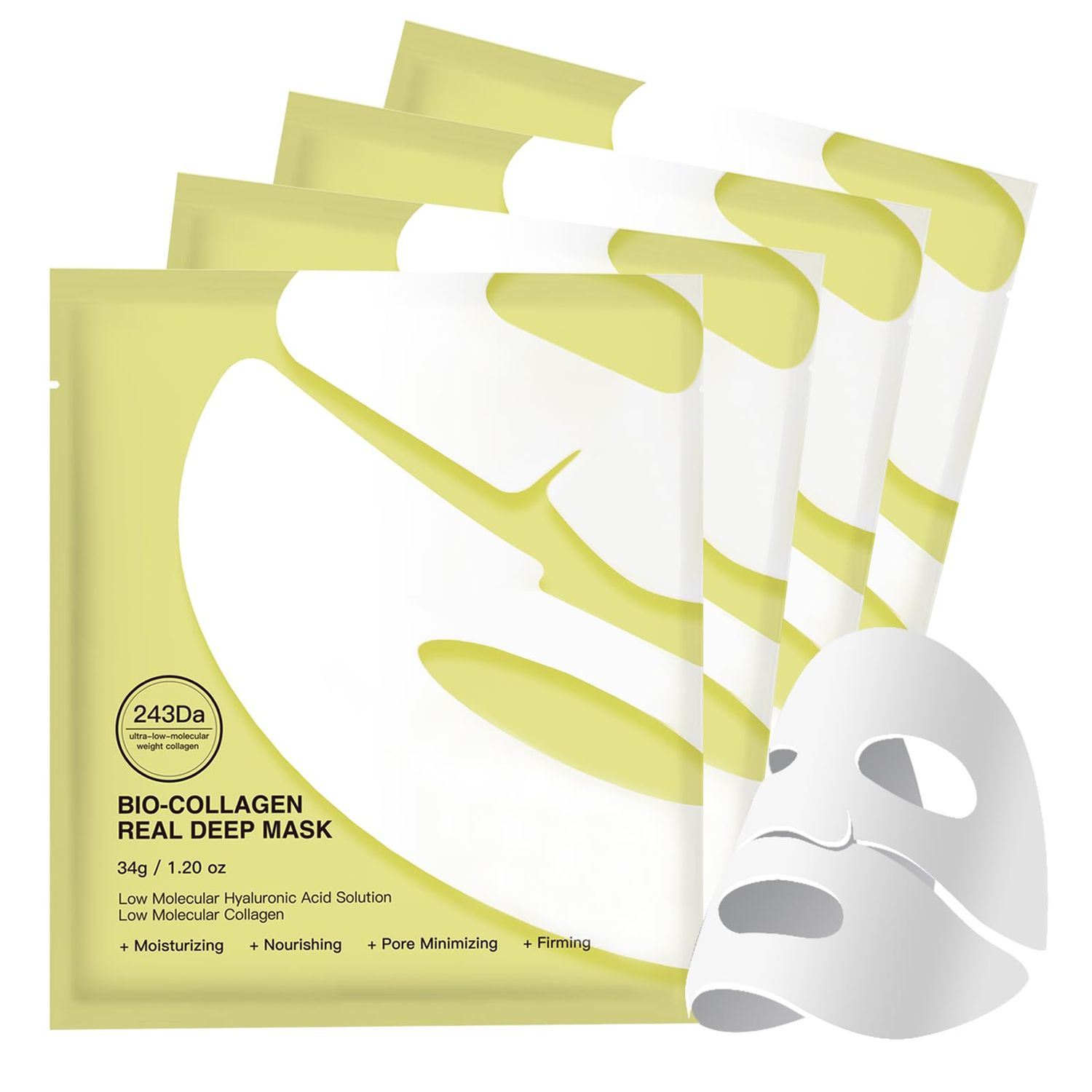WEILNELL Bio-Collagen Face Mask, Deep Collagen Anti Wrinkle Lifting Mask, Overnight Hydrating Facial Treatments &amp; Masks for Women - Firming and Moisturizing, Korean Skin Care, 34g x4ea