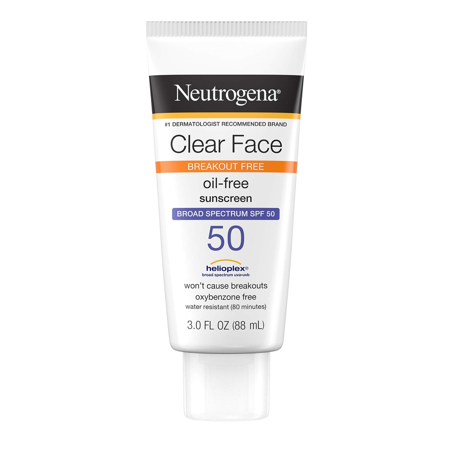 Neutrogena Clear Face Liquid Lotion Sunscreen for Acne-Prone Skin, Broad Spectrum SPF 50 UVA/UVB Protection, Oil-, Fragrance- &amp; Oxybenzone-Free Facial Sunscreen, Non-Comedogenic, 3 fl. oz (Pack of 3)