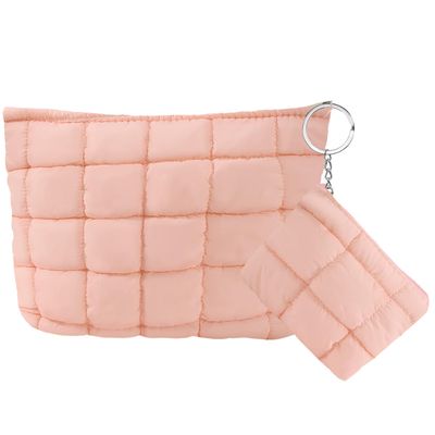 LYDZTION Puffy Makeup Bag,Cosmetic Bag for Women and Girls, Quilted Makeup Bag Organizer Cute Checkered Travel Toiletry Bag Skincare Makeup Pouch Zipper Pouch 2Pcs,Pink