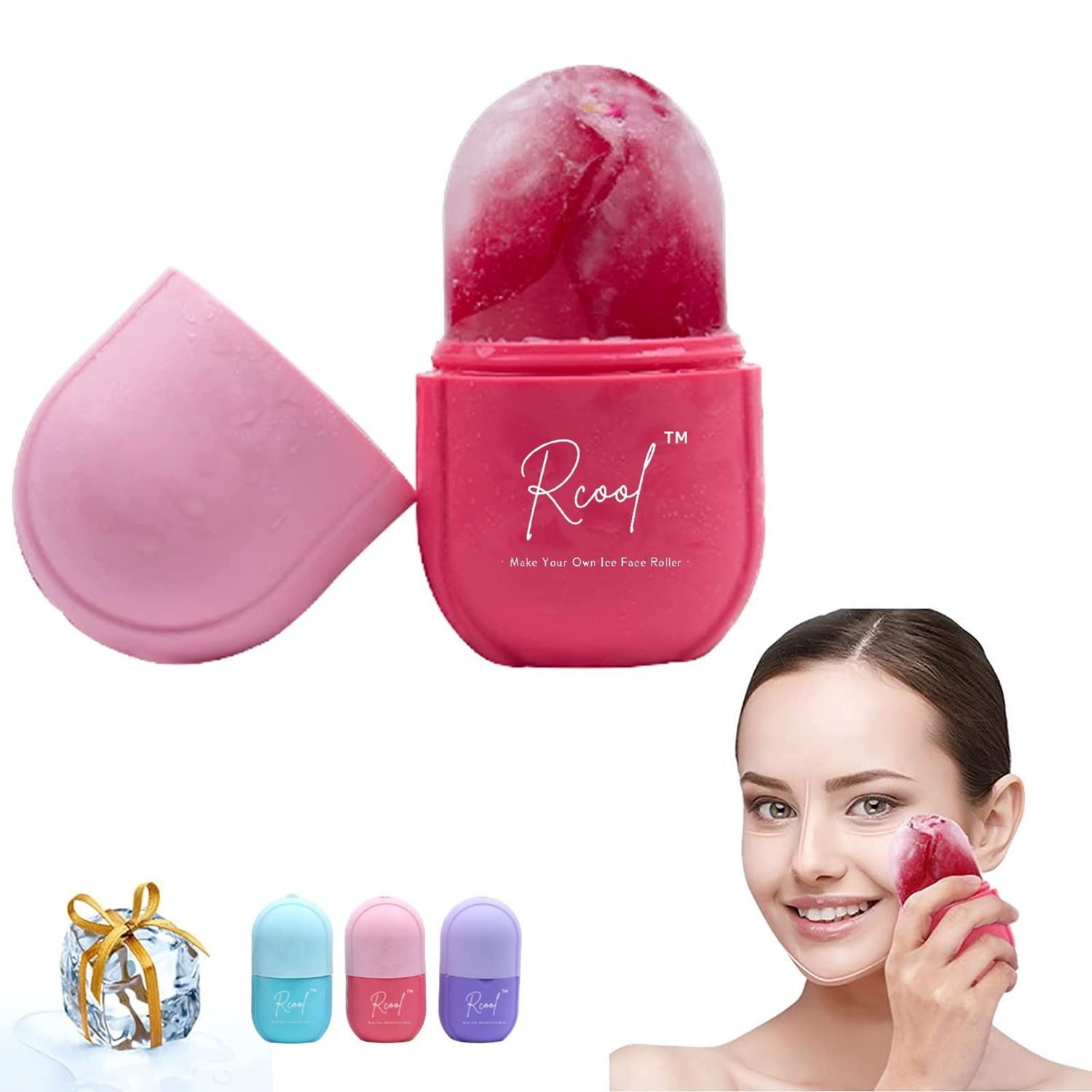 Rcool Ice Face Roller &amp; Gua Sha,Face Massager,Facial Beauty Ice Roller Skin Care Tools,Skin Care Products-for Face&amp;Eyes,Remove Fine Lines,Shrink Pores,Reduce Acne and Lubricate The Skin. (Pink)