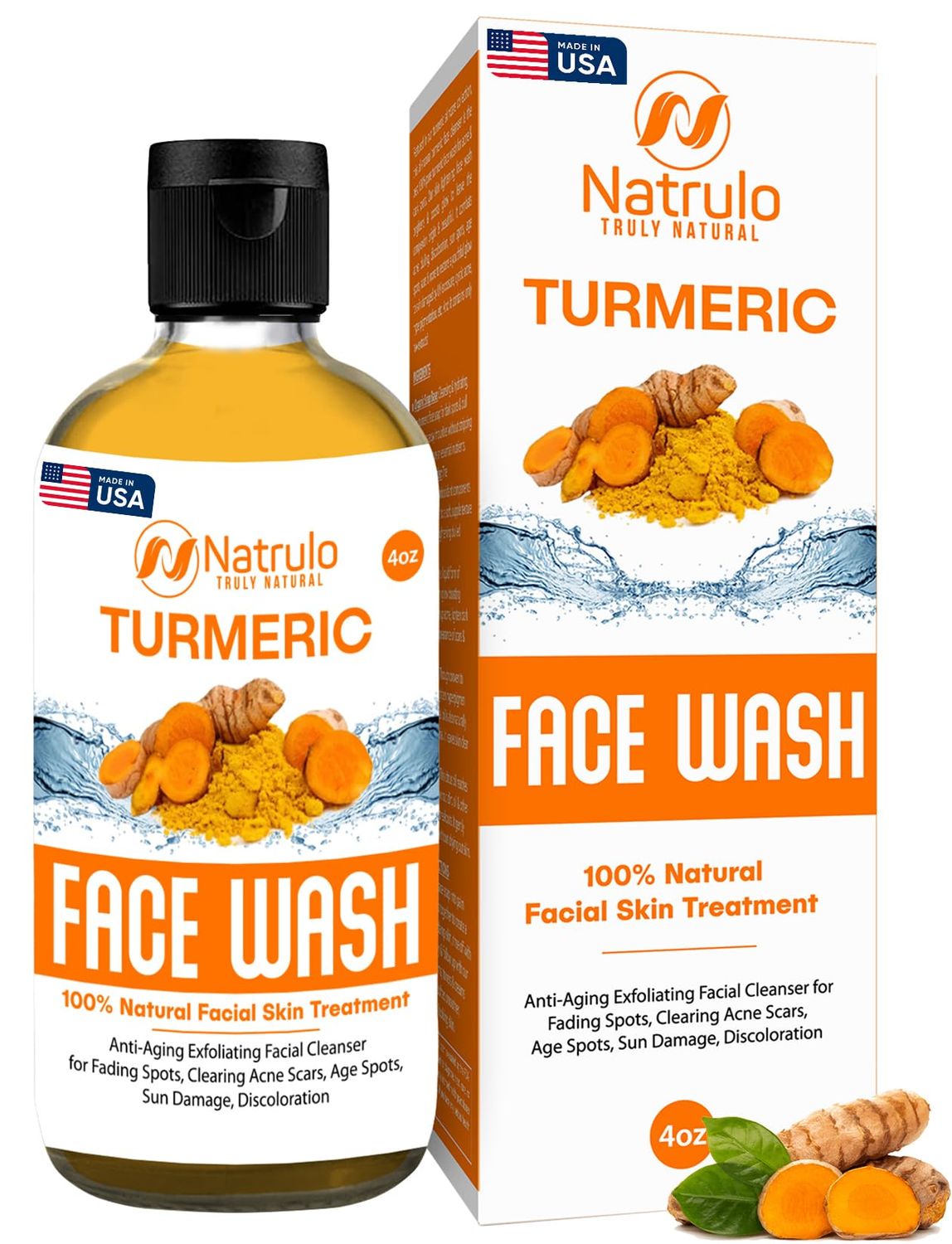 Natrulo Turmeric Face Wash, 4oz Clear Skin Liquid Soap - 100% Natural Anti Aging Exfoliating Turmeric Facial Cleanser for Fading Spots, Clearing Acne Scars, Age Spots, Sun Damage, Discoloration