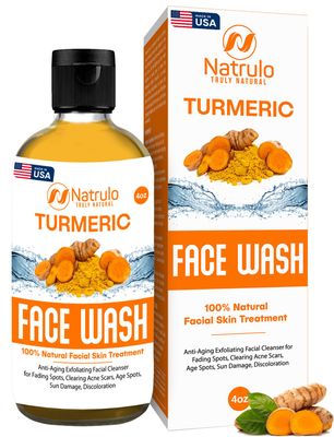 Natrulo Turmeric Face Wash, 4oz Clear Skin Liquid Soap - 100% Natural Anti Aging Exfoliating Turmeric Facial Cleanser for Fading Spots, Clearing Acne Scars, Age Spots, Sun Damage, Discoloration