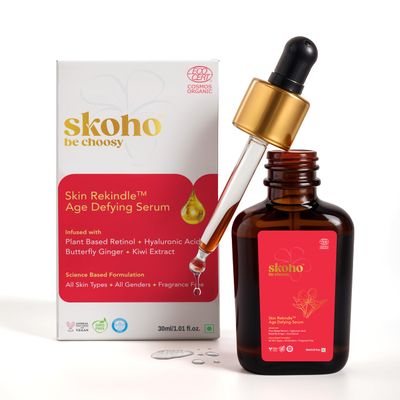 SKOHO Retinol based Anti Aging Organic face Serum with 98.949% Naturality | Reduces Fine Lines &amp; Wrinkles | Plant based Retinol serum for face| Hyaluronic Acid &amp; Kiwi extract | COSMOS Certified| 30ml