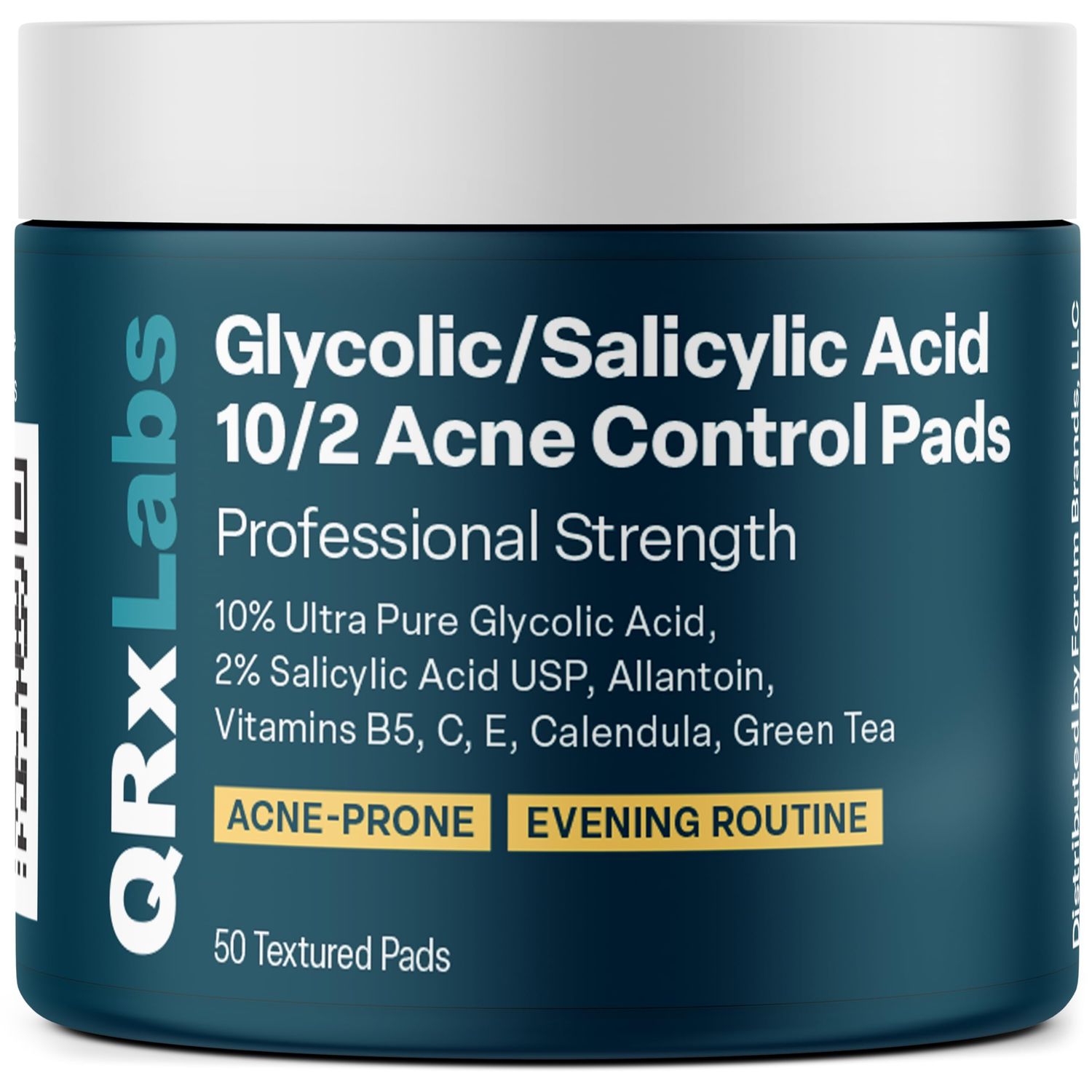 QRxLabs Glycolic/Salicylic Acid 10/2 Acne Control Pads w/ 10% Ultra Pure Glycolic Acid + 2% Salicylic Acid, Allantoin, Vitamin B5, C &amp; E, Calendula &amp; Green Tea - Acne Treatment for Face for Clear Skin