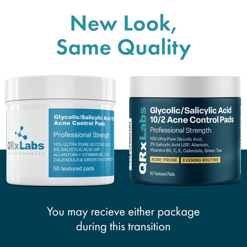 QRxLabs Glycolic/Salicylic Acid 10/2 Acne Control Pads w/ 10% Ultra Pure Glycolic Acid + 2% Salicylic Acid, Allantoin, Vitamin B5, C &amp; E, Calendula &amp; Green Tea - Acne Treatment for Face for Clear Skin