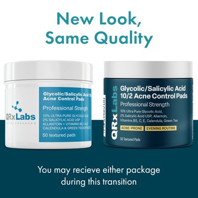 QRxLabs Glycolic/Salicylic Acid 10/2 Acne Control Pads w/ 10% Ultra Pure Glycolic Acid + 2% Salicylic Acid, Allantoin, Vitamin B5, C &amp; E, Calendula &amp; Green Tea - Acne Treatment for Face for Clear Skin