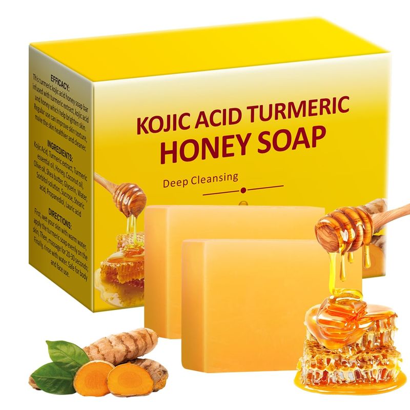 IREV Turmeric Kojic Acid Lemon Soap, Turmeric Honey Soap for Face and Body, Kojic Acid Soap Brightening Turmeric Kojic Soap, Lemon Turmeric Soap, Gentle Cleansing Bar Soap for All Skin 200g 2Pack