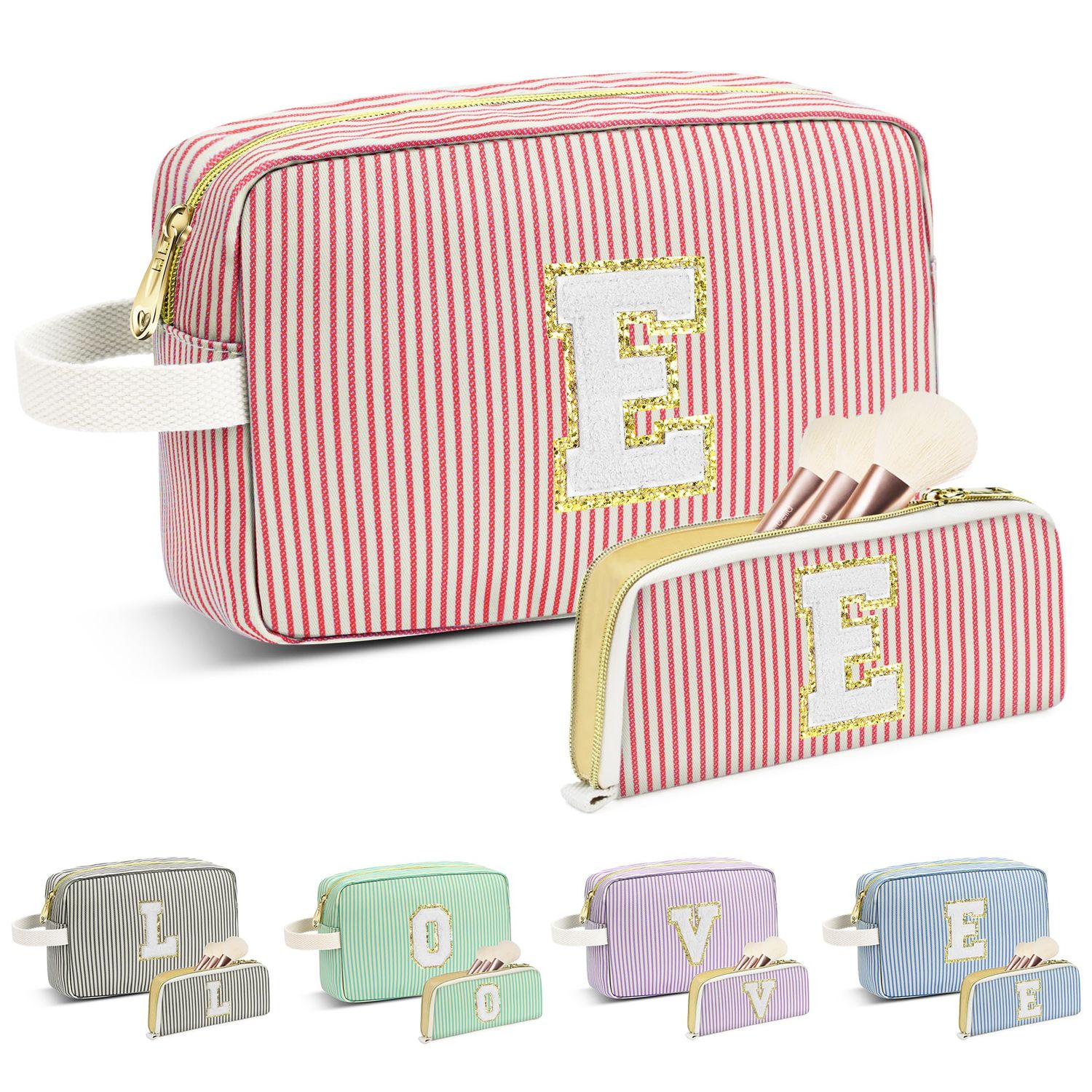 Travel Makeup Bag Gift for Women Girl Teens Preppy Stuff Cosmetic Bag Set, Cute Make Up Bag With Handle Personalized Initial Makeup Pouch Skin Care with Makeup Brush Bag Letter E (Red&amp;White Stripes)