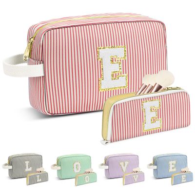 Travel Makeup Bag Gift for Women Girl Teens Preppy Stuff Cosmetic Bag Set, Cute Make Up Bag With Handle Personalized Initial Makeup Pouch Skin Care with Makeup Brush Bag Letter E (Red&amp;White Stripes)