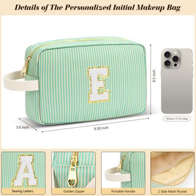Travel Makeup Bag Gift for Women Girl Teens Preppy Stuff Cosmetic Bag Set, Cute Make Up Bag With Handle Personalized Initial Makeup Pouch Skin Care with Makeup Brush Bag Letter E (Red&amp;White Stripes)