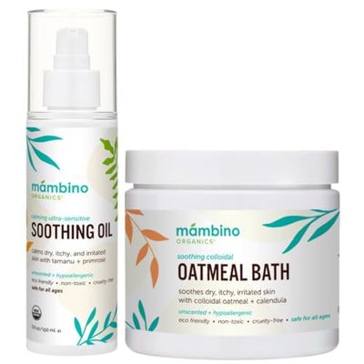 Organic Ultra-Sensitive Skin Calming Set - Natural Colloidal Oatmeal Bath Powder and Soothing Oil - All Natural Fragrance Free with Jojoba &amp; Evening Primrose Oil - 11 oz by Mambino Organics