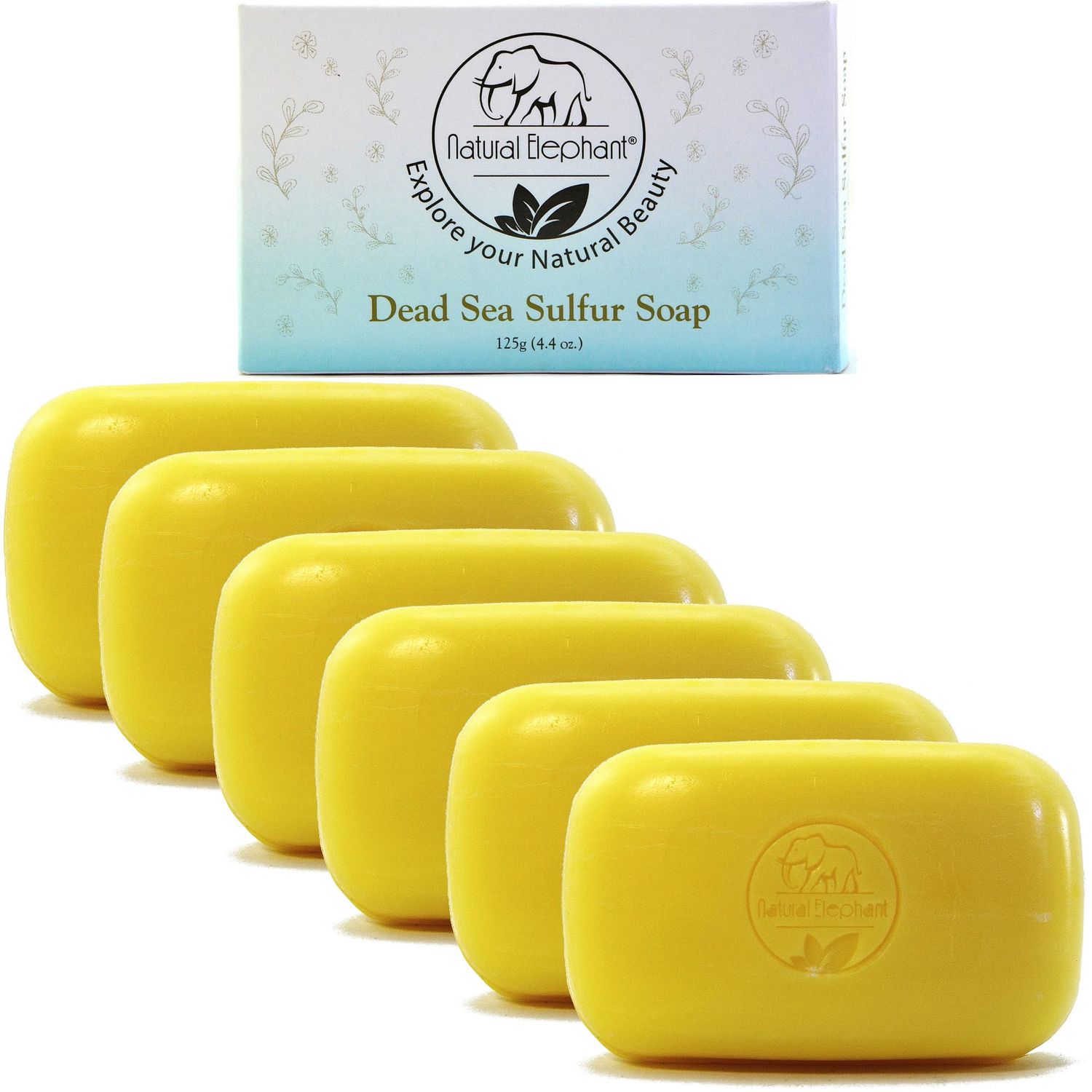 Natural Elephant Dead Sea Sulfur Soap 4.4 oz with Dead Sea Salt, Aloe Vera, Sulphur Face and Body Cleanser Bar for All Skin Types (6 Pack (26.4 oz Total))