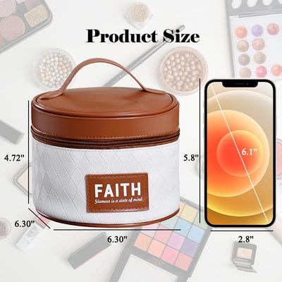 kamumanni Round Makeup Bag, Compact Travel Case for Skincare, Cosmetic Case for Traveling, Diamond Texture Round Travel Case with Wide Handle (Brown)
