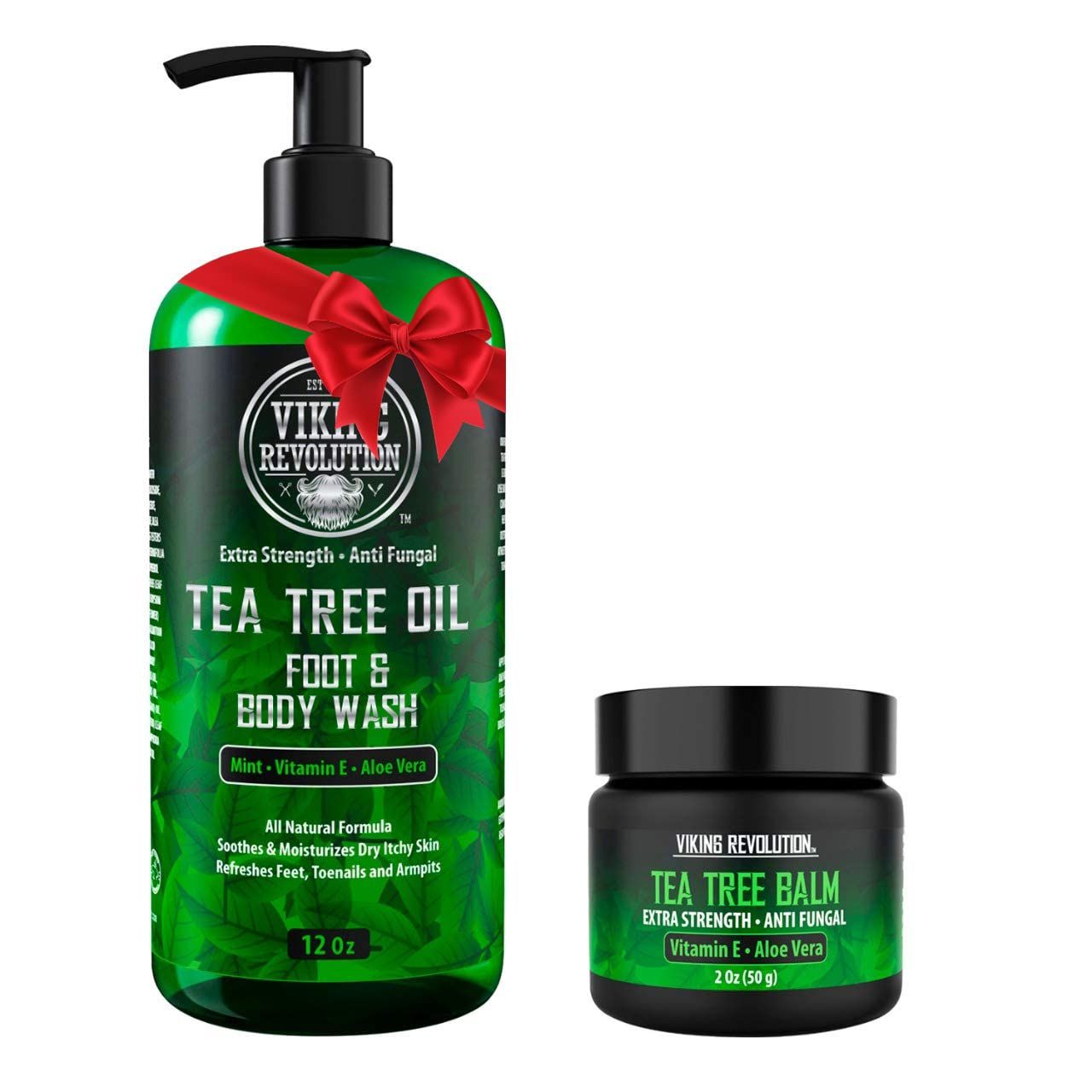 Viking Revolution Skin Cleaning Agent Tea Tree Kit for Men - Tea Tree Oil Set with Body Wash &amp; Balm - Hydrating, Helps Athlete&#39;s Foot, Jock Itch, Eczema &amp; Body Odors - Extra Strength, 2 Piece Set