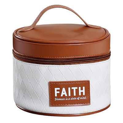 kamumanni Round Makeup Bag, Compact Travel Case for Skincare, Cosmetic Case for Traveling, Diamond Texture Round Travel Case with Wide Handle (Brown)