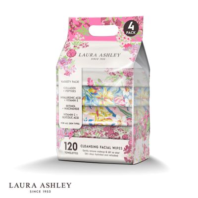 Laura Ashley 4 Pack Face Wipes for Women Cleansing Makeup Remover Wipes with Vitamin C, Retinol, Hyaluronic Acid - 120 Pcs Face Cleansing Wipes