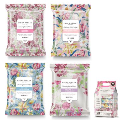 Laura Ashley 4 Pack Face Wipes for Women Cleansing Makeup Remover Wipes with Vitamin C, Retinol, Hyaluronic Acid - 120 Pcs Face Cleansing Wipes