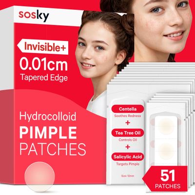 SOSKY Pimple Patches for Face, Hydrocolloid Acne Patches, Zit Sticker for Face and Skin, Pimple Patches for Covering Zits, Blemishes with Salicylic Acid 51 Count 12mm
