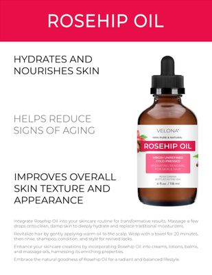 velona Rosehip Oil - 4 fl oz | 100% Pure and Natural Carrier Oil| Unrefined, Cold Pressed, Hexane Free | Moisturizing Face, Hair, Body, Skin Care, Stretch Marks, Scars