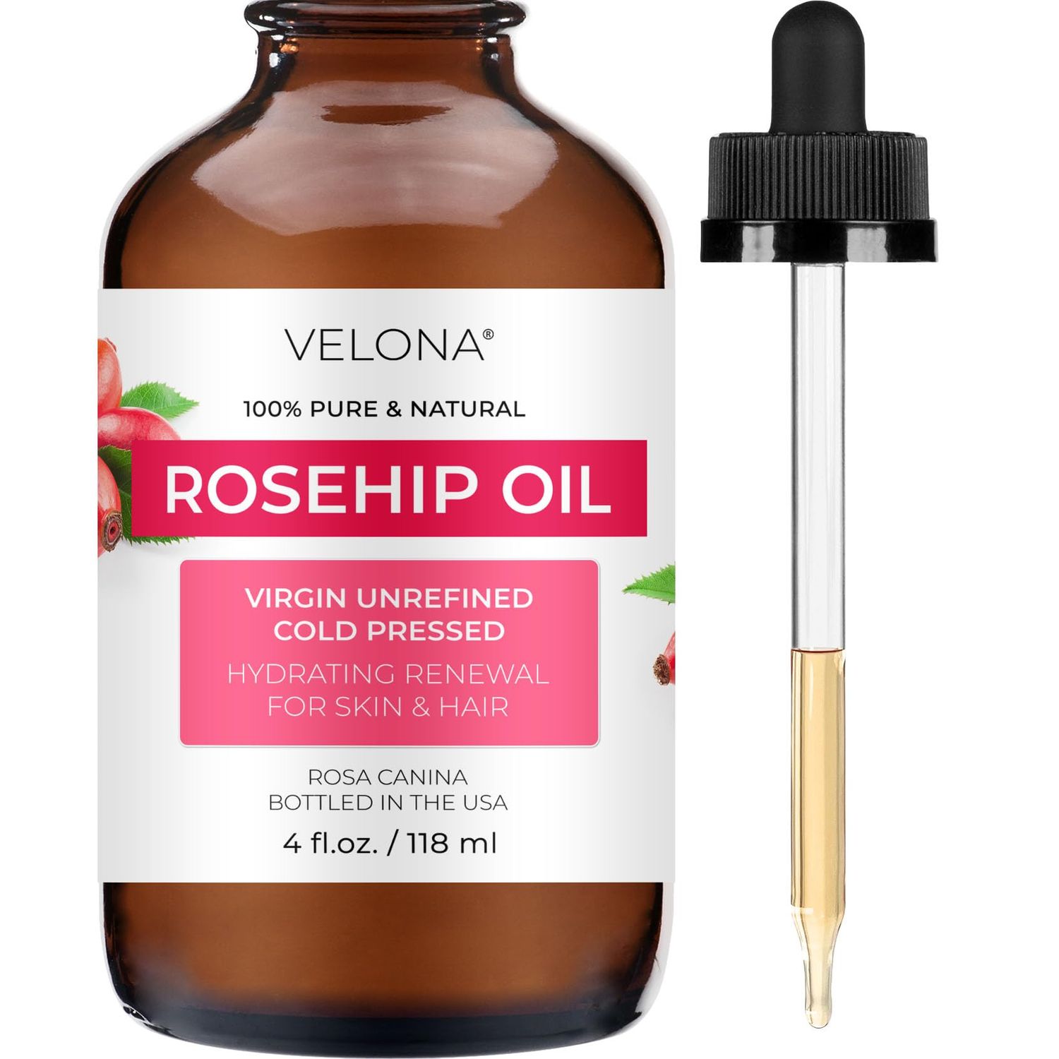 velona Rosehip Oil - 4 fl oz | 100% Pure and Natural Carrier Oil| Unrefined, Cold Pressed, Hexane Free | Moisturizing Face, Hair, Body, Skin Care, Stretch Marks, Scars