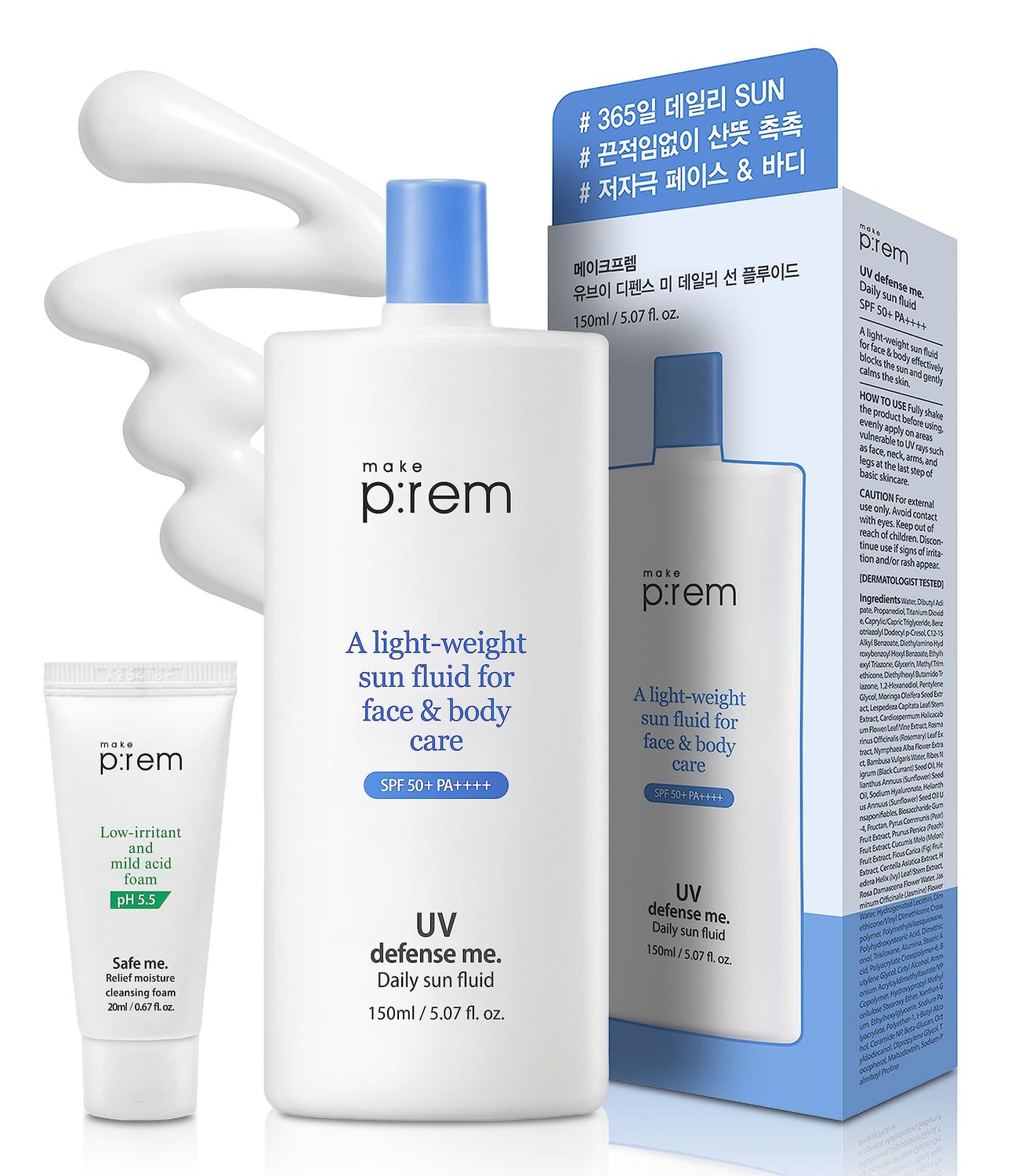 MAKEPREM Defense Me Daily Vegan Sun Fluid Non-greasy Calming Hydrating SPF 50+PA++++ Sunblock Reef-safe UV Broad Protection Sunscreen Blue Ray Sensitive Acne-Prone Oily Skin Face Body Korean Skincare
