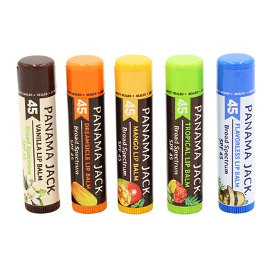 Panama Jack Sunscreen Lip Balm - SPF 45, Flavor Pack, Broad Spectrum UVA-UVB Sunscreen Protection, Prevents &amp; Soothes Dry, Chapped Lips (5 Pack)