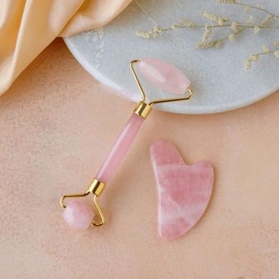 Rose Quartz Roller and Gua sha Set | Reduces Wrinkles, Fine lines and Dark Circles | Pink Jade Roller | Anti-aging Massager for Skin Toning and Tightening for Face, Eyes, Neck
