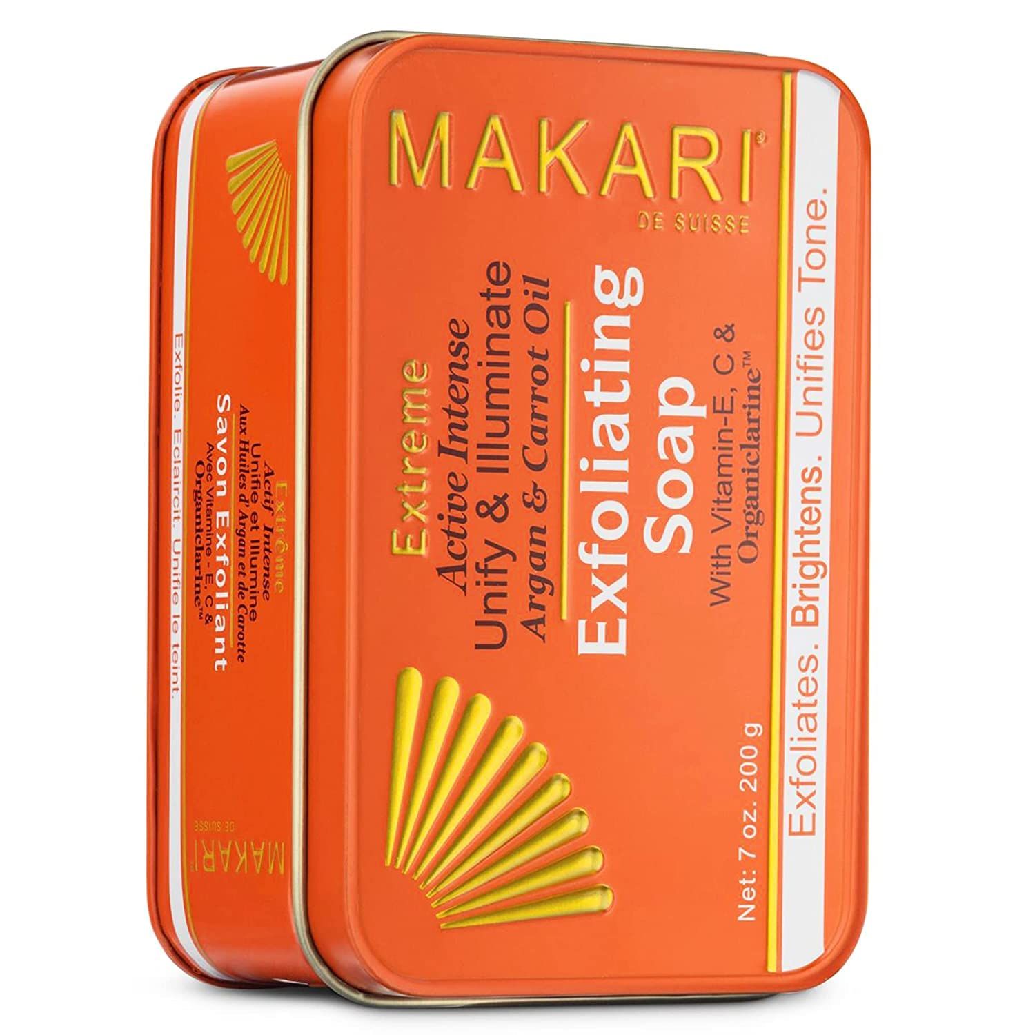 MAKARI Extreme Active Intense Argan &amp; Carrot Oil Exfoliating Soap (7oz) | Advanced Brightening Bar Soap | With Apricot Seed Extract and Vitamins C &amp; E | Helps Reveal Natural Skin Radiance