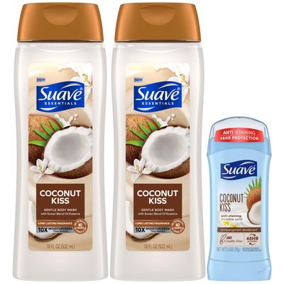 Suave Body Wash 2-Pack + Antiperspirant Deodorant, Coconut Kiss - Gentle Body Washes with Vitamin E &amp; Anti-Staining Invisible Solid Deodorant Stick, 48H of Protection