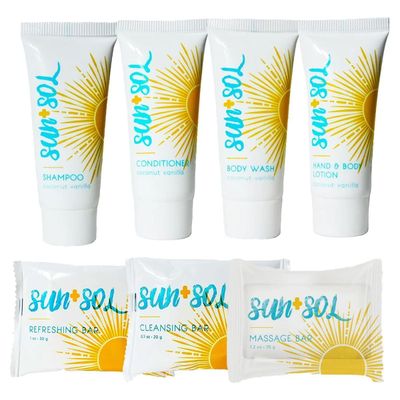 Sun + Sol Mini Travel Size Hotel Toiletries Bathroom Kit | Warm Coconut &amp; Vanilla | Shampoo, Conditioner, Body Wash, Lotion, Cleansing Bar, Refreshing Soap Bar and Moisturizing Massage Bar