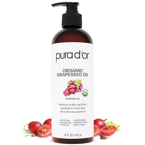 PURA D&#39;OR 16 Oz Organic Grapeseed Oil - 100% Pure &amp; Natural USDA Certified Cold Pressed Carrier Oil - Light &amp; Silky, Unscented, Hexane Free Liquid Moisturizer - Face Skin &amp; Hair - Men &amp; Women