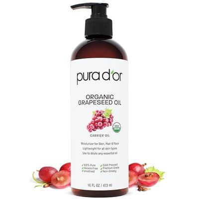 PURA D&#39;OR 16 Oz Organic Grapeseed Oil - 100% Pure &amp; Natural USDA Certified Cold Pressed Carrier Oil - Light &amp; Silky, Unscented, Hexane Free Liquid Moisturizer - Face Skin &amp; Hair - Men &amp; Women