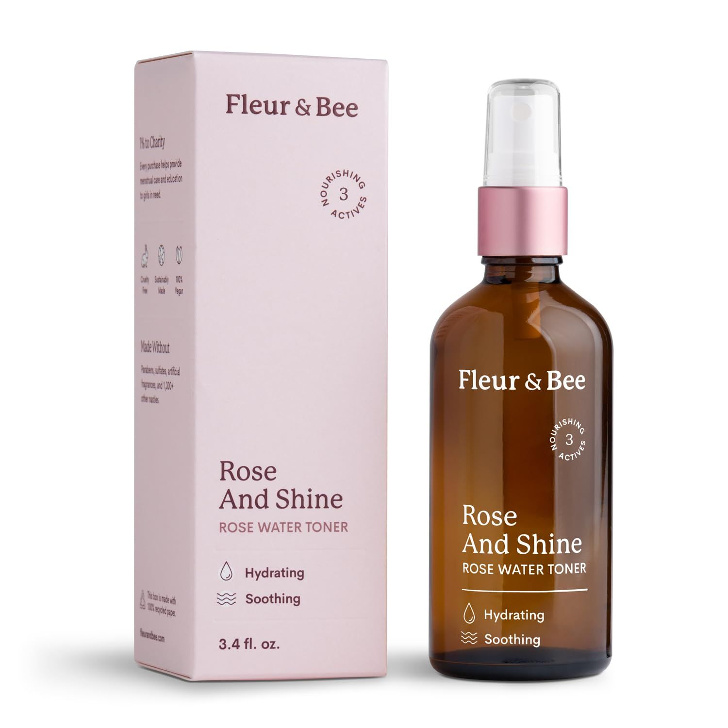 Rosewater Toner | 100% Vegan &amp; Cruelty Free | Hydrating Rose Water Spray Mist | Alcohol Free | Refreshing Facial Toner for All Skin Types | Rose and Shine by Fleur &amp; Bee - 3.4 fl oz