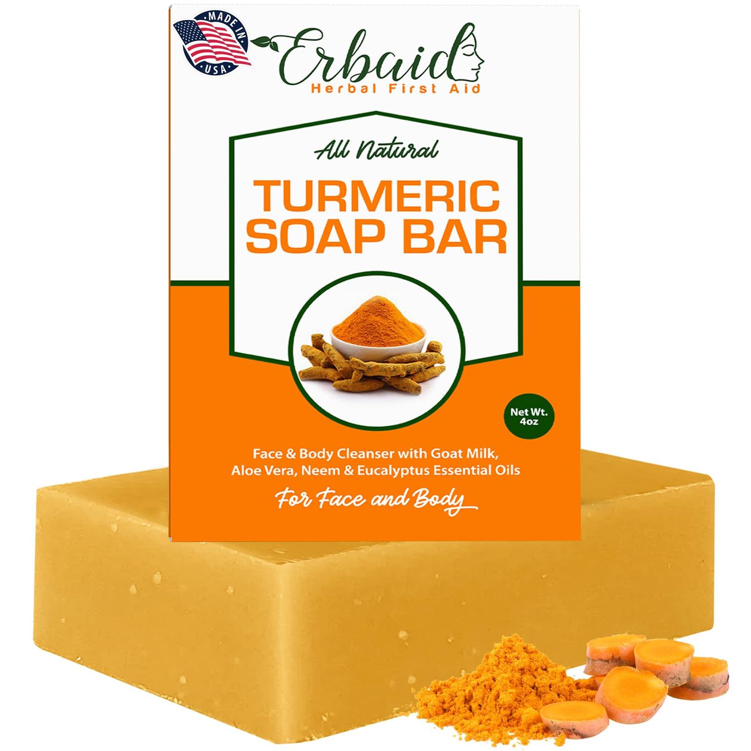 Natural Turmeric Soap Bar for Face &amp; Body - Turmeric Skin Brightening Soap Wash for Dark Spots, Intimate Areas, Underarms - Turmeric Reduces Acne, Fades Scars &amp; Cleanses Skin (4 Ounce (Pack of 1))