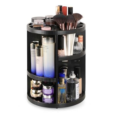 Rotating Bamboo Makeup Organizer,360 Degree Spinning Adjustable Bamboo Vanity Makeup Holder Rack,Large Capacity Cosmetics Storage Display Box,Fits Makeup,Skincare,Cologne(Black)